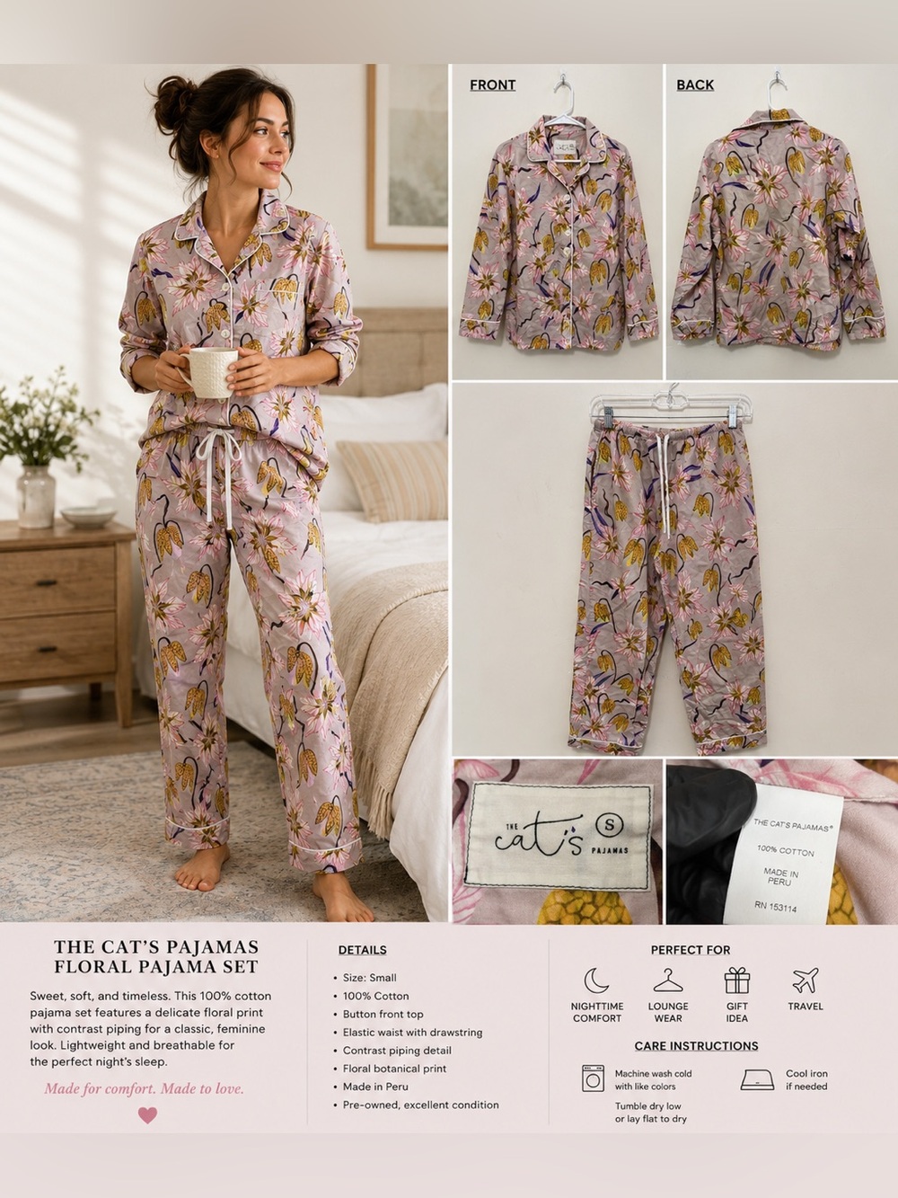 The Cat's Pajamas Floral Cotton Pajama Set Women's Small Pink Button Front